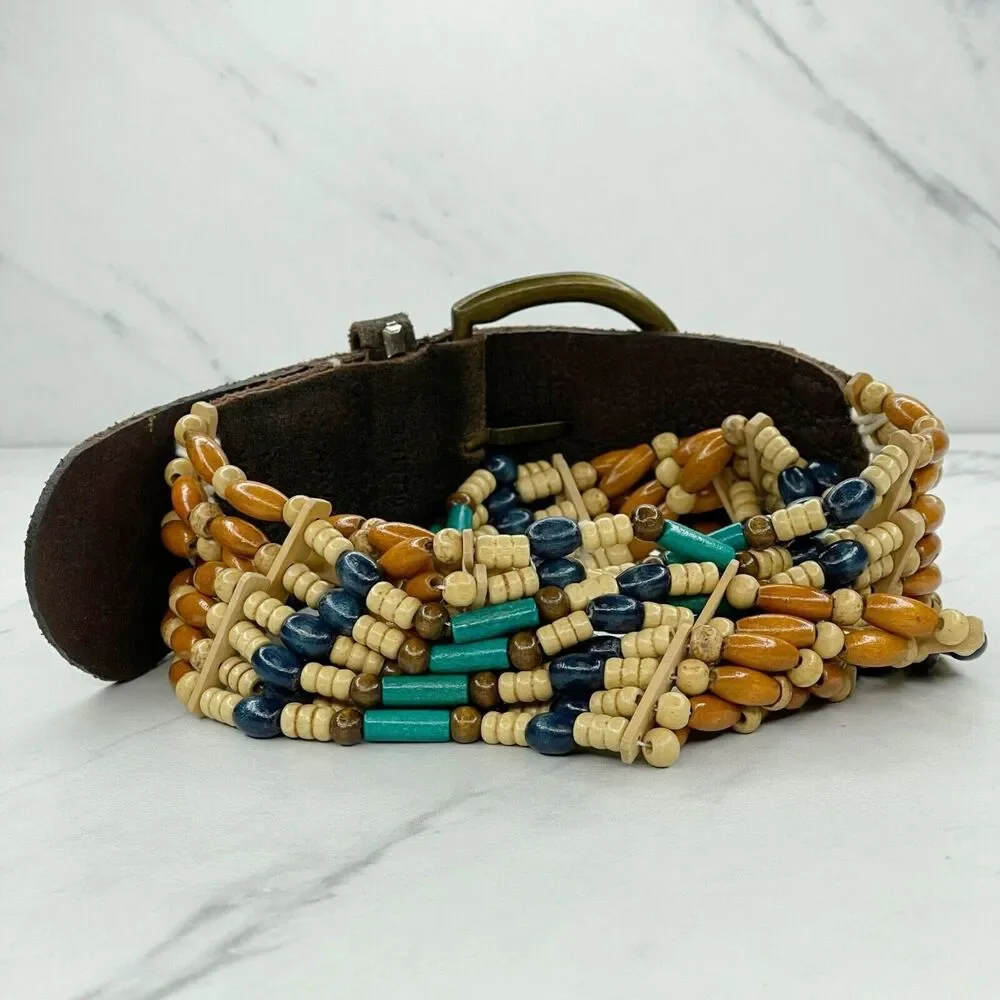 Wood Beaded Leather Boho Belt Small (S) ✨